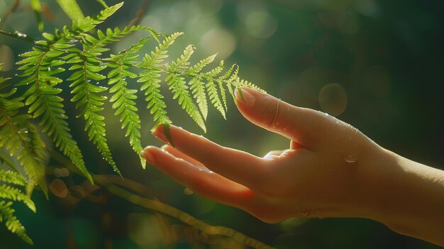 Zdjęcie ręka kobiety i liść paprocia człowiek i natura