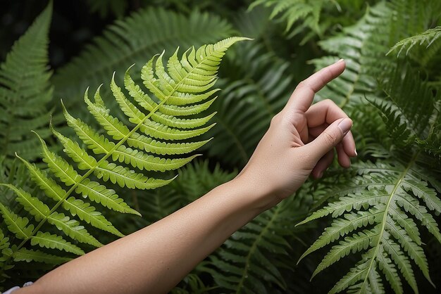 Ręka kobiety i liść paprocia Człowiek i natura