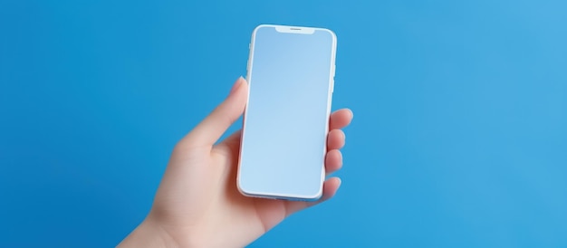 Ręka kobiety trzyma telefon komórkowy z białym ekranem na niebieskim tle kopiowania przestrzeni Generuj AI