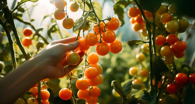 Ręka kobiety trzymająca garść dojrzałych pomidorów wiśniowych w szklarni
