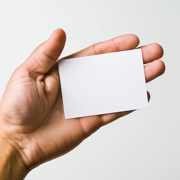 Ręka kobiety trzymająca pustą wizytówkę odizolowaną na białym tle