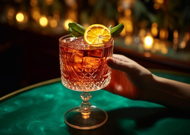 Ręka kobiety trzymająca szklankę z negroni lub koktajlem spritz na zielonym luksusowym stole w salonie wieczornym