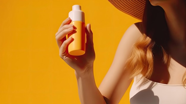 Ręka kobiety trzymającej koncepcję umieszczania produktu w butelce z filtrem przeciwsłonecznym lub kremem przeciwsłonecznym z Generative AI Tech