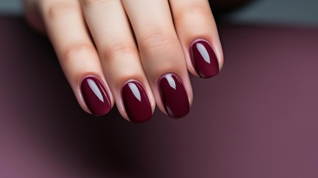 Zdjęcie ręka kobiety z lakierem do paznokci w kolorze bordeaux na paznokciach manicure paznokci burgundy z lakiem do żelu