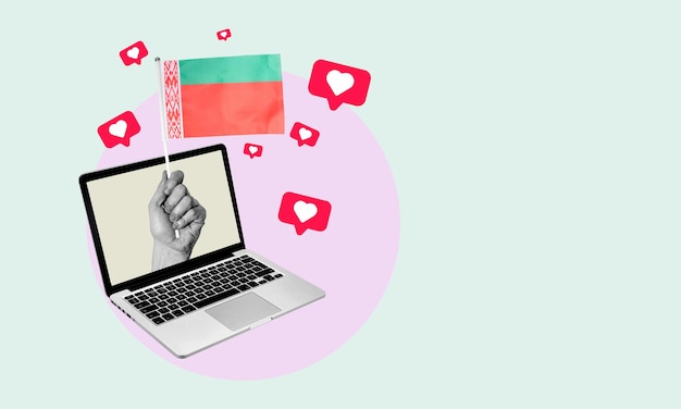 Ręka kolażu artystycznego z białoruską flagą z laptopa z szczekaniem i sercami na jasnym tle