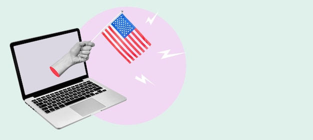 Ręka kolażu sztuki z amerykańską flagą z laptopa z sympatiami i sercami na jasnym tle