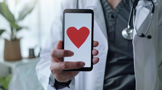 Zdjęcie ręka lekarza z czerwonym papierowym sercem wystaje z ekranu smartfonu