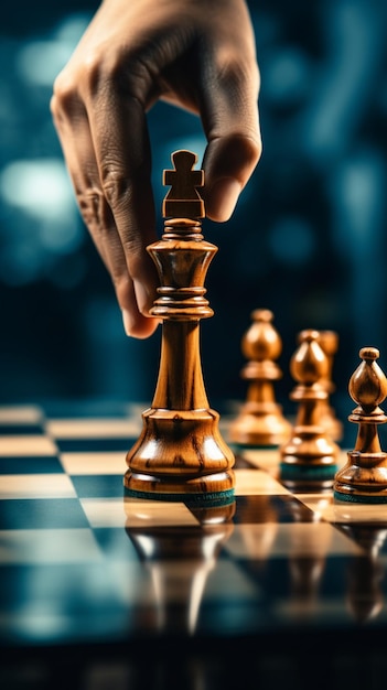 Zdjęcie ręka manewruje figurą szachową oznaczoną jako szachy ze strategicznym zamiarem pionowa mobilna tapeta