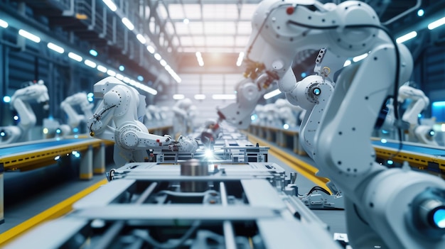Ręka maszyny pracująca na linii produkcyjnej, podczas gdy inżynier sprawdza robota