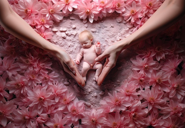 Zdjęcie ręka matki tworząca serce z dzieckiem