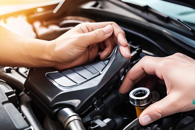 Zdjęcie ręka mechanika zajmująca się serwisem samochodu i sprawdzaniem koncepcji gwarancji obsługi klienta