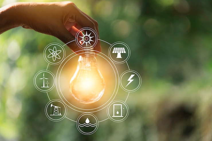 Zdjęcie ręka mężczyzna trzyma żarówkę i kopiuje przestrzeń dla energii