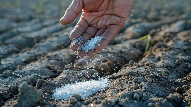 Ręka mężczyzny posypuje małe perły aerogelu na kawałek gleby. Perły są tak lekkie i powietrzne, że