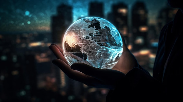 Ręka mężczyzny trzyma elektroniczny globus, patrząc na miasto Ilustracja AI GenerativexA