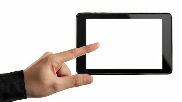 Ręka mężczyzny trzymająca touchpad PC jeden palec dotyka ekranu odizolowanego na białym