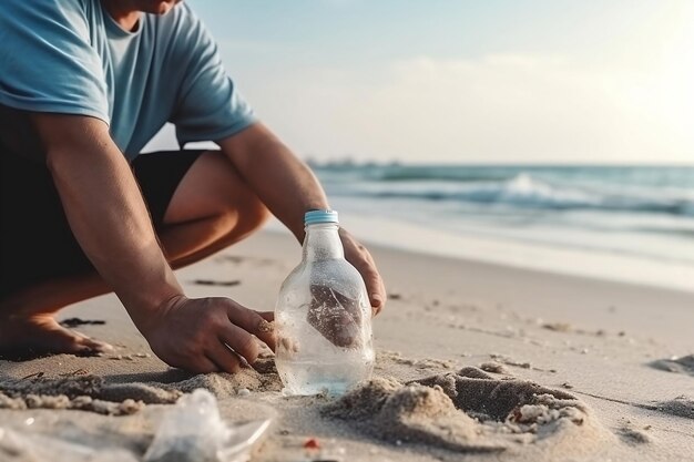 Ręka mężczyzny usuwa śmieci z plaży Generative AI