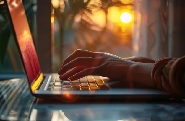 Ręka na laptopie i osoba pisząca e-mail lub wiadomość dla biznesu marketingu mediów społecznościowych lub sieci