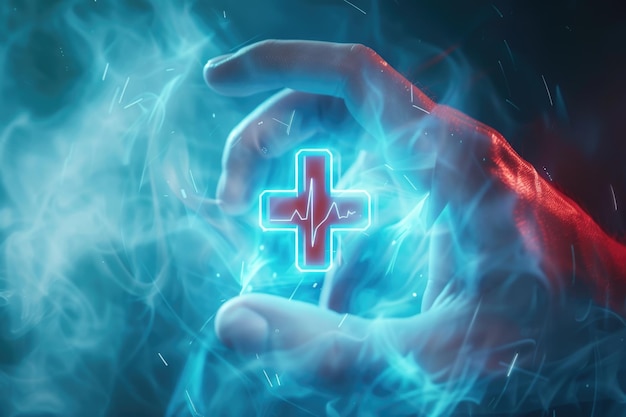 Zdjęcie ręka naciskana na symbol pierwszej pomocy tło medyczne