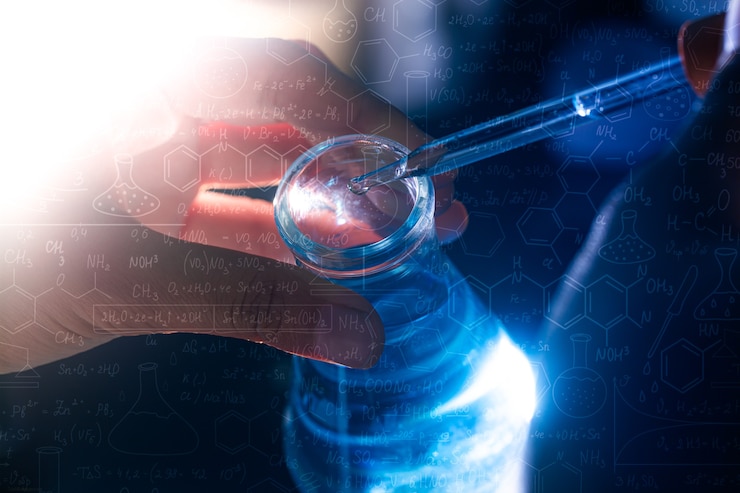 Zdjęcie ręka naukowca trzymającego kolbę z laboratoryjnymi szklankami i rurkami do badań w laboratorium chemicznym