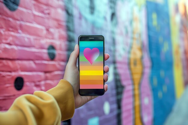 Zdjęcie ręka osoby niebinarnej używająca smartfona przed kolorową ścianą