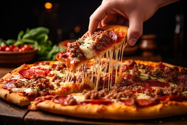 Ręka osoby sięgającej po kawałek pizzy z bufetu