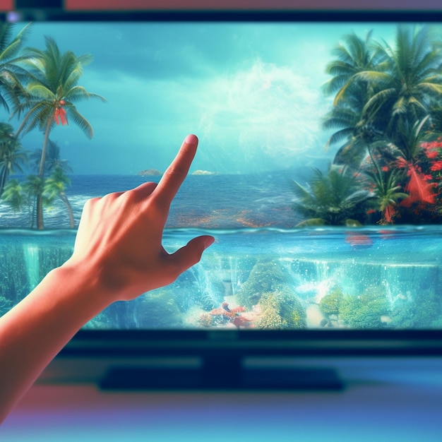 ręka osoby wskazująca na ekran telewizorowy z drzewami palmowymi w tle.