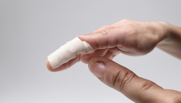 Ręka osoby z białym bandażem na palcu