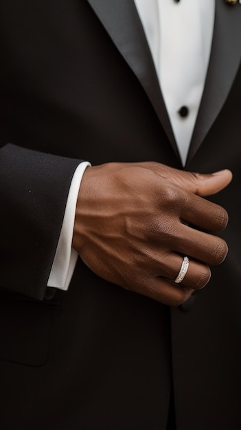 Ręka pana młodego z pierścieniem ślubnym nad formalnym strojem