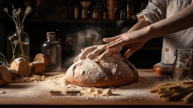 Ręka piekarza ugniatająca ciasto na chleb