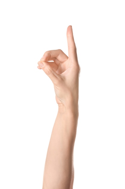 Ręka pokazuje literę D na białym. Alfabet języka migowego