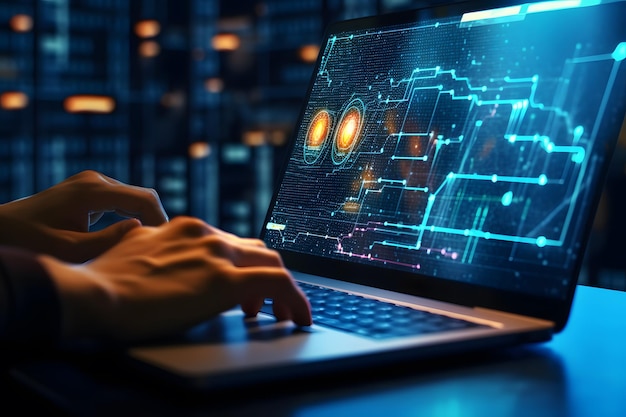Ręka programisty używającego laptopa analizującego dane na futurystycznym wirtualnym interfejsie pisząc kod pisząc program