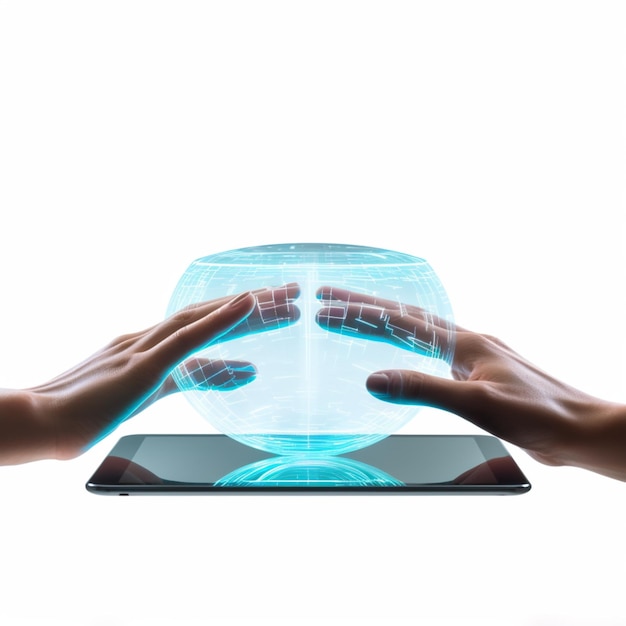 Zdjęcie ręka przedstawiająca niewidzialny hologram rzucający się z