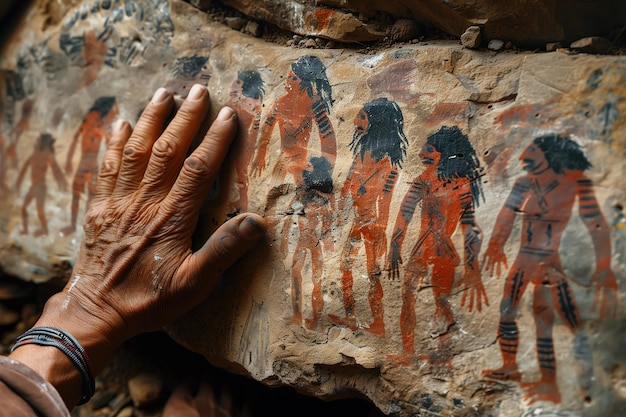Ręka rdzennej osoby dotyka starożytnego kamienia z ludzkimi postaciami