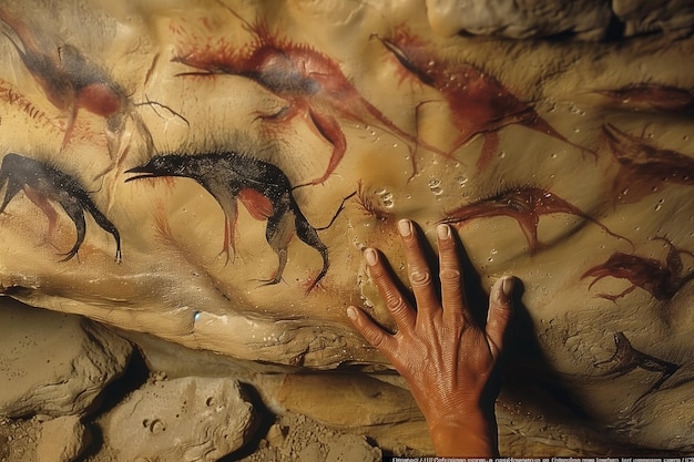 Ręka rdzennej osoby dotyka starożytnego kamienia z tajemniczymi stworzeniami przedstawionymi na nim
