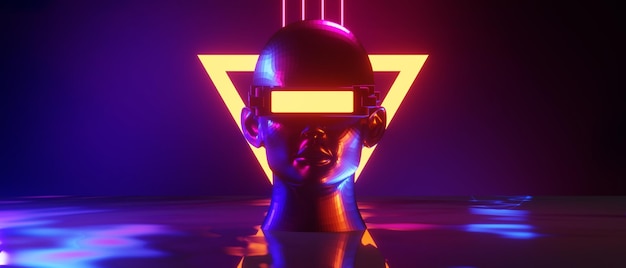 Ręka robota abstrakcyjna gra wideo esports scifi gry cyberpunk vr symulacja wirtualnej rzeczywistości i scena metaverse stojak cokół etap ilustracja 3d renderowanie futurystyczny neon blask