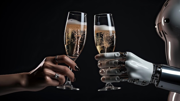 Zdjęcie ręka robota ai i ludzka ręka wznosząca toast, trzymając kieliszki do szampana nowy rok generacyjna ai