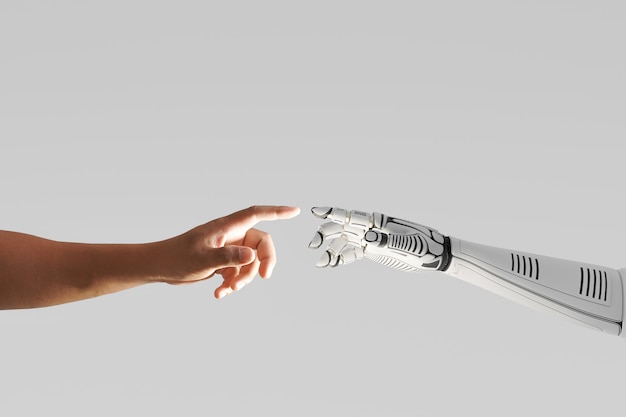 Zdjęcie ręka robota dotykająca ludzką ręką, renderowanie ilustracji 3d