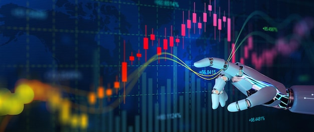 Ręka robota dotykająca wykresów i diagramów giełdowych na pokładzie