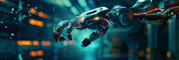 Ręka robota jest pokazana w futurystycznym ustawieniu na niebieskim tle przez wygenerowany przez AI obraz