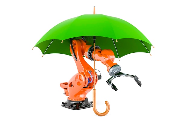 Ręka robota pod parasolem 3D wyizolowana na białym tle