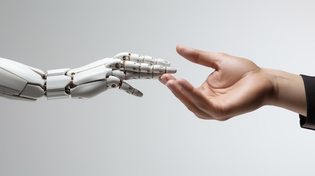 Ręka robota przybijająca piątkę ludzkiej dłoni Wygenerowano AI