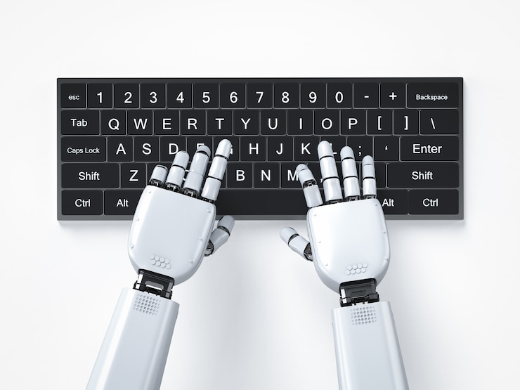 Zdjęcie ręka robota renderującego 3d pracująca z klawiaturą komputera