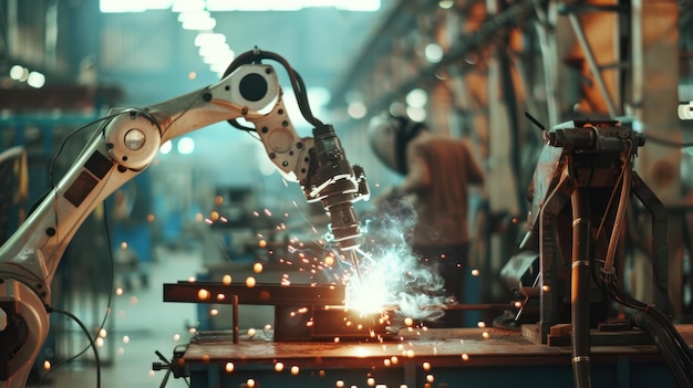 Ręka robota spawa metalowe w fabryce.