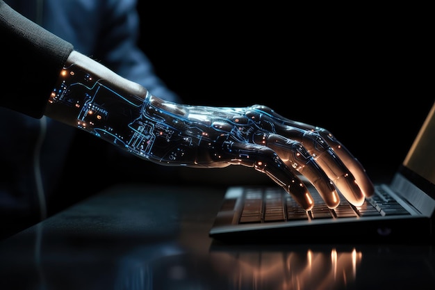 Ręka robota sztucznej inteligencji wpisująca klawiaturę na laptopie Generatywna sztuczna inteligencja