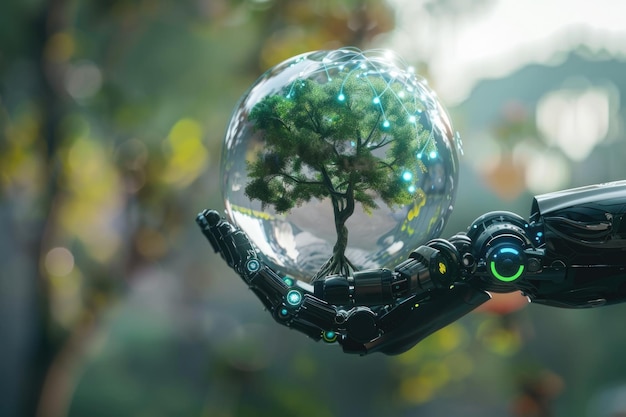 Ręka robota trzyma kryształową kulę Ziemi, promującą zrównoważony rozwój i ekologię