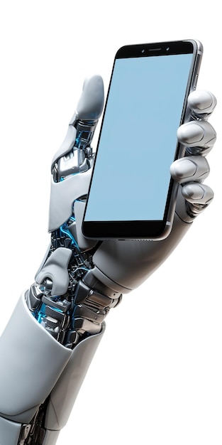 Zdjęcie ręka robota trzymająca smartfon