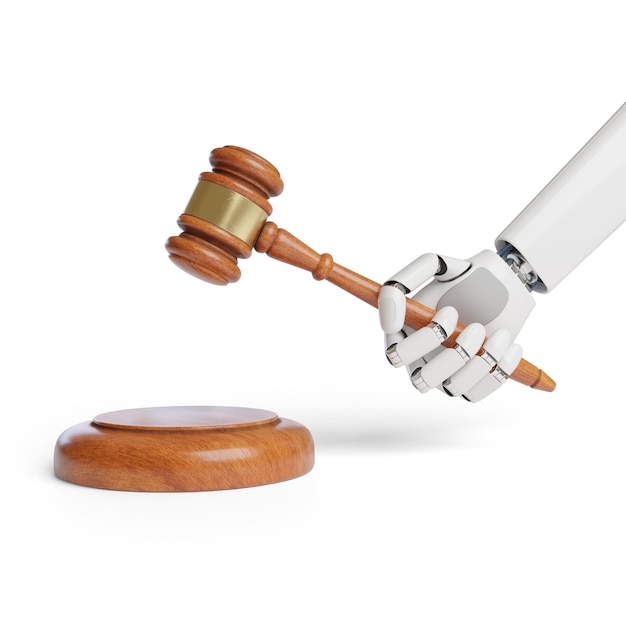 Ręka robota z drewnianym młotkiem Koncepcja regulacji sztucznej inteligencji
