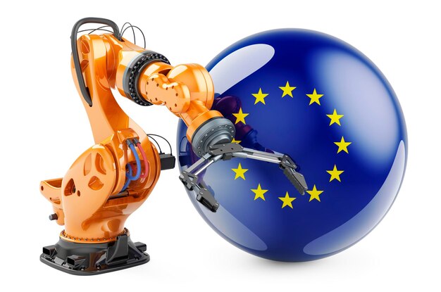 Ręka robota z flagą Unii Europejskiej Współczesna technologia przemysł i produkcja w Unii Europejskiej koncepcja rendering 3D izolowany na białym tle