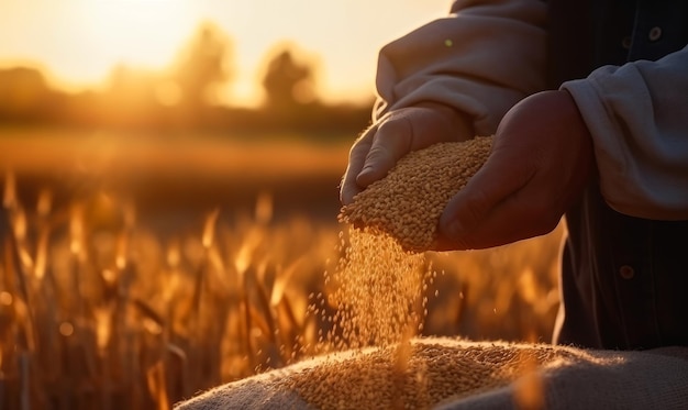 Ręka rolnika wsypuje suche ziarno pszenicy do pełnego worka Dojrzałe pole na tle o zachodzie słońca w rozmyciu Generacyjna sztuczna inteligencja