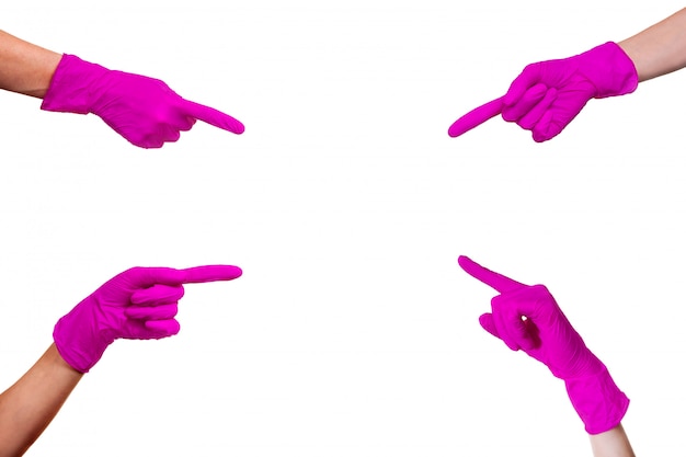 Ręka różowy medyczny rękawiczka biały na białym tle znak gest symbol pokazać palec wskazujący kierunek akcentacja uwaga cztery